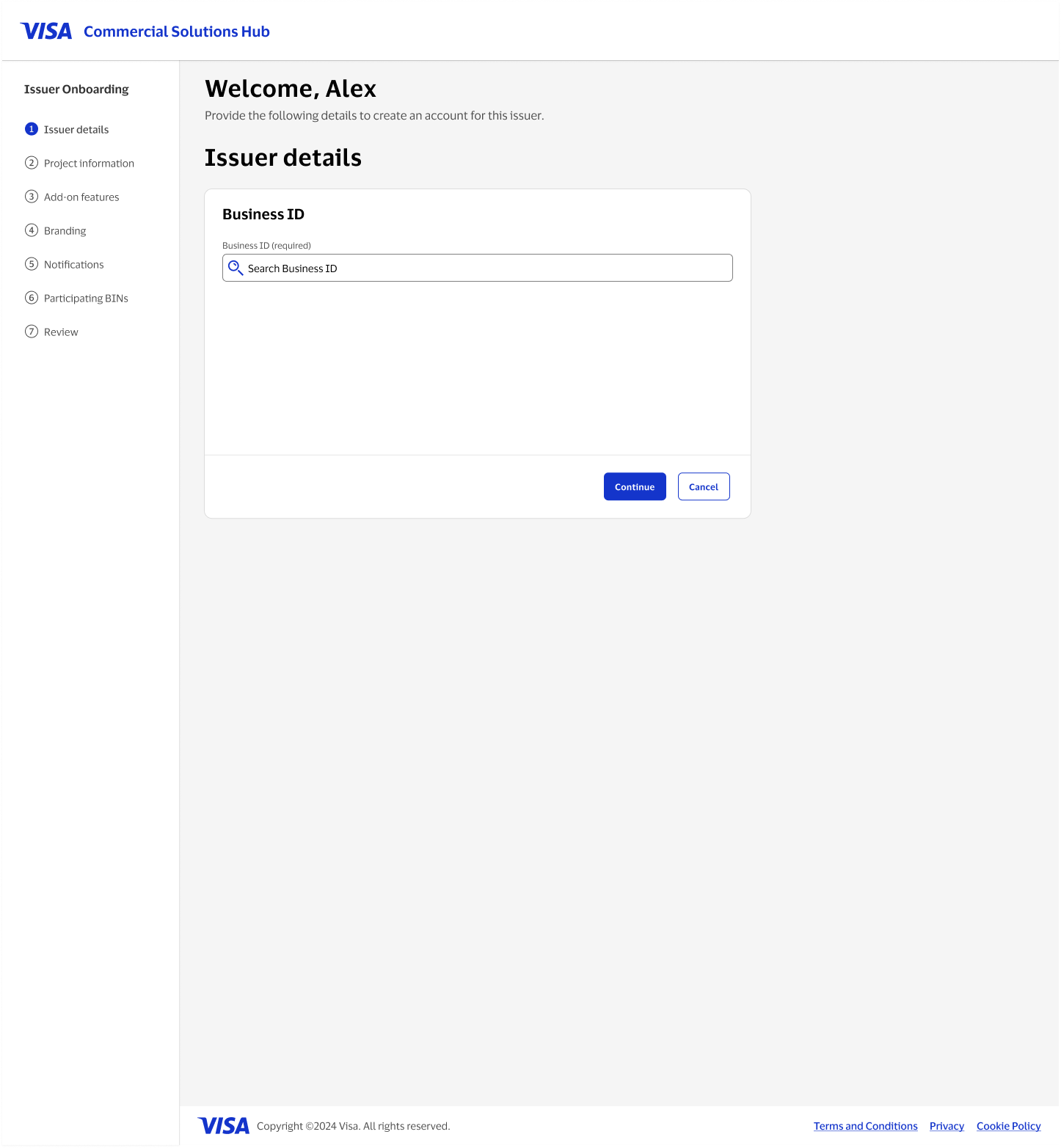 Issuer onboarding: welcome and business ID search