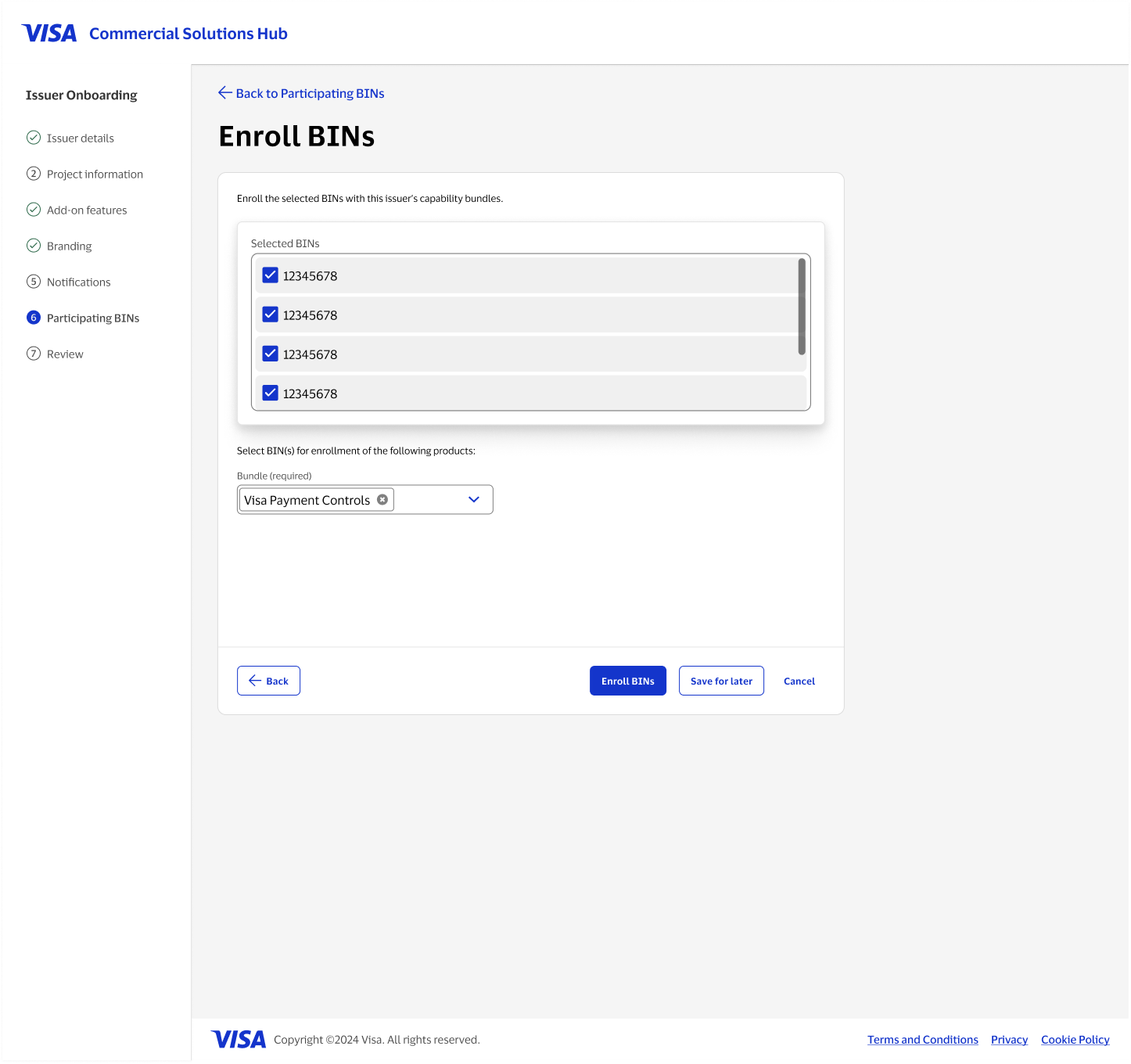 Participating BINs table with bulk actions and pagination